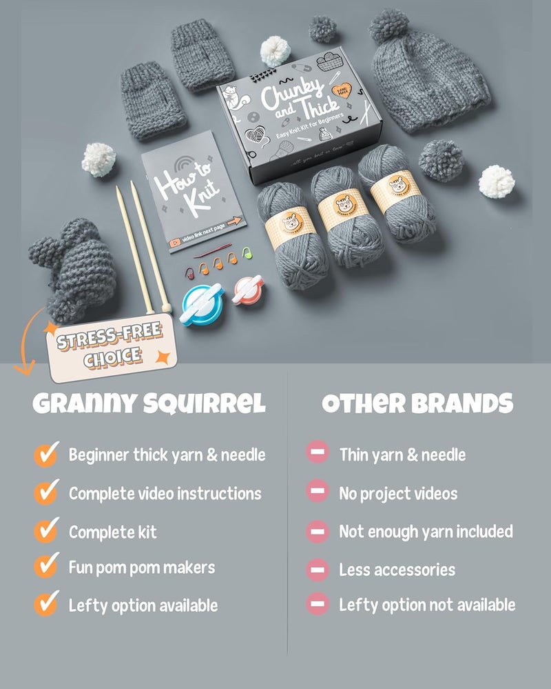 Granny Squirrel Complete Knitting Kit for Beginners - Learn to Knit Kit with Knitting Accessories Like Thick Beginner Yarn in Gray, Bamboo Needles for Beginners & More - Includes Video Tutorials & Written Guide - Image 5